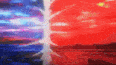 a painting of a red and blue background with a tree in the middle