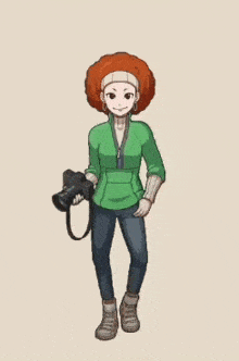 a cartoon drawing of a woman in a green jacket holding a camera