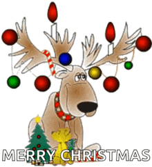 a cartoon of a reindeer with christmas decorations on its antlers