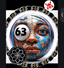 a painting of a face with a ball with the number 63 on it