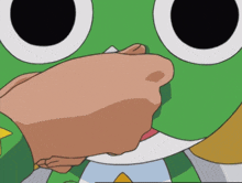 a close up of a person 's hand touching a frog 's nose