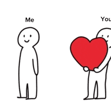 a drawing of two stick figures holding hands with the words " me " and " you " above them