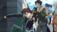 a group of anime characters are standing in front of a brick building
