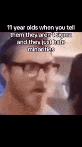 a man with glasses is talking to another man with a caption that says 11 year olds