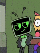 a cartoon character with a tv head is standing next to a cat .