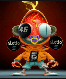 a cartoon character has a pacifier in his mouth and a ball with 46 on it