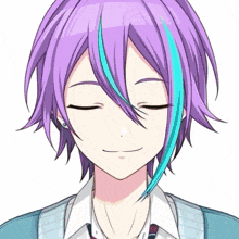 a close up of a person with purple and blue hair .