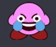 kirby is making a funny face with his eyes closed and tears coming out of his mouth .