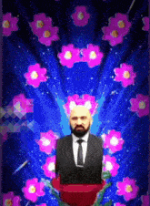 a man in a suit and tie is in a top hat with pink flowers around him