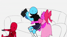 a group of cartoon characters are sitting on a couch and one of them is holding a remote control