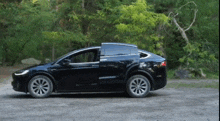 a black tesla model x is parked in the dirt