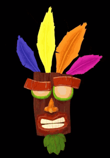 a cartoon tiki mask with feathers and leaves on it