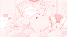 a bunch of pink stuffed animals are laying on a pink surface