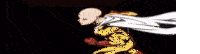 a bald man in a yellow and white superhero costume is flying through the air with a fist in his hand .