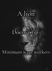 a black and white photo of a lion with the words a lion does n't tip minimum wage workers