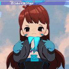 a cartoon girl is pointing at herself with the words 25 subs = 58 situps above her