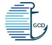 a logo for gcd shows an anchor with a lightning bolt on it