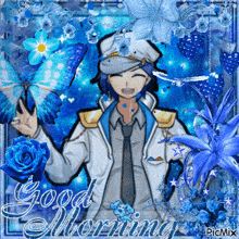 a greeting card that says good morning with a man in a uniform