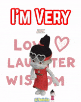 a cartoon girl wearing a red headband that says ' i 'm very love laughter wisdom ' on it