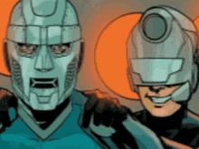 a cartoon drawing of two robots wearing helmets and smiling .