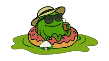 a green frog wearing sunglasses and a hat is sitting on a donut drinking a drink