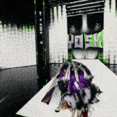 a person walking down a runway in front of a sign that says ' hulk '