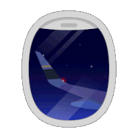 an airplane window shows the wing of a plane flying in the night sky
