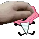 a pixel art of a hand holding a cartoon character with a party hat on .