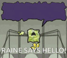 a cartoon character says raine says hello with a speech bubble