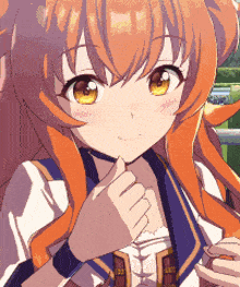 a close up of a anime girl with orange hair