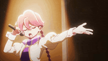 a pink haired anime girl singing into a microphone