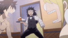 a cartoon of a man in a tuxedo holding a tray of glasses