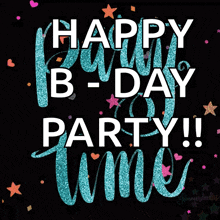 a black background with purple and white text that says happy b-day party