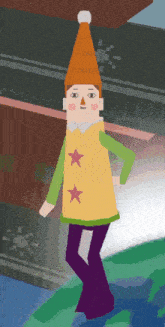 a cartoon character wearing a hat and a yellow vest with two stars on it