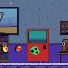 a cartoon drawing of a room with a red door and a soccer ball on it