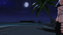 a woman in a bikini is standing on a beach at night with a full moon in the background