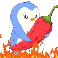 a blue and white penguin holding a red pepper in its mouth