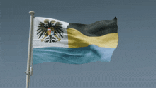 a flag with a black eagle on it is flying in the wind