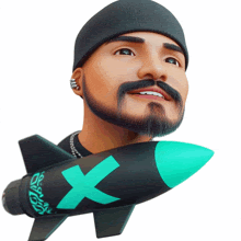 a man with a beard is holding a rocket with the letter x on the nose