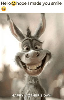 a picture of a donkey smiling with the caption hello hope i made you smile happy mother 's day !!