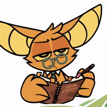 a cartoon character is writing in a notebook that says letun libellos