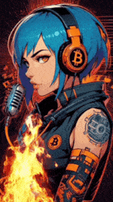 a girl with blue hair is wearing headphones with a bitcoin symbol on them