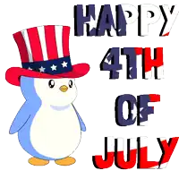 a penguin wearing an uncle sam hat is standing next to the words happy 4th of july