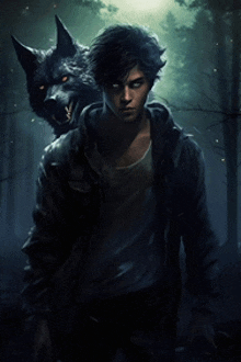 a man with a wolf on his back in a forest