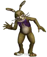 a stuffed rabbit with a purple bow tie and the words hello chat below it
