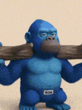 a blue gorilla is carrying two logs on its back .