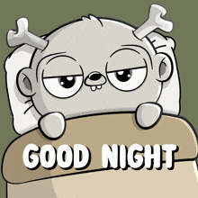 a cartoon character laying in bed with the words " good night " written on the bottom