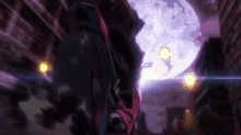 a purple background with a person standing in front of a purple moon