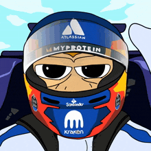a cartoon character wearing a helmet that says atlassian myprotein santander and kraken