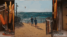a painting of two men walking on a beach with the words made in animatica below it